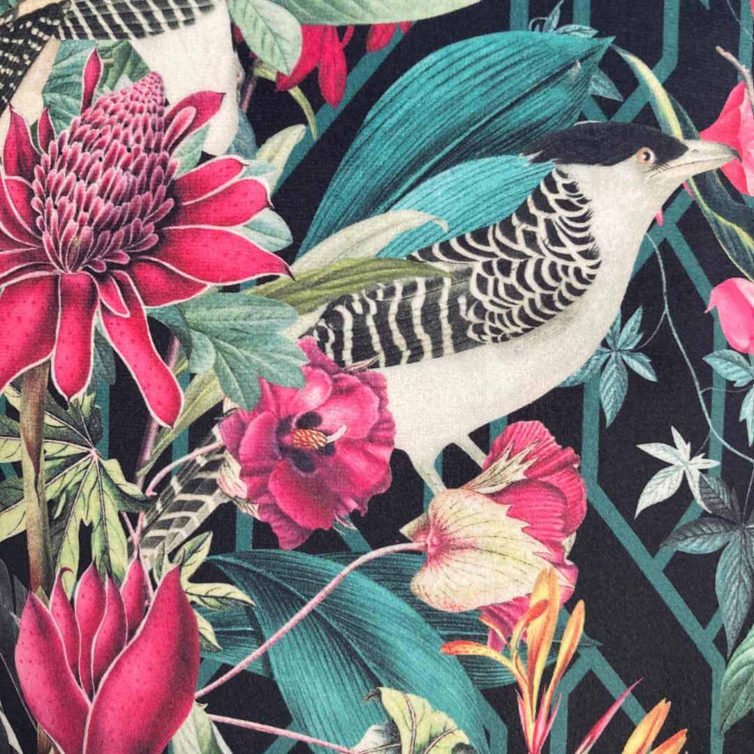 Velvet Drum Lampshade with Bold jungle fabric featuring birds, florals and botanicals