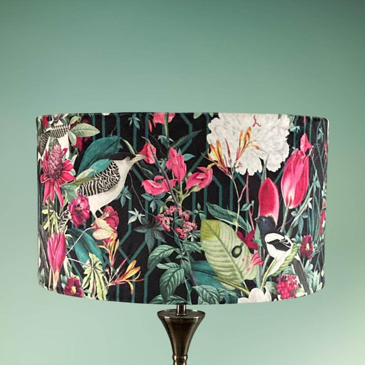 Velvet Drum Lampshade with Bold jungle fabric featuring birds, florals and botanicals