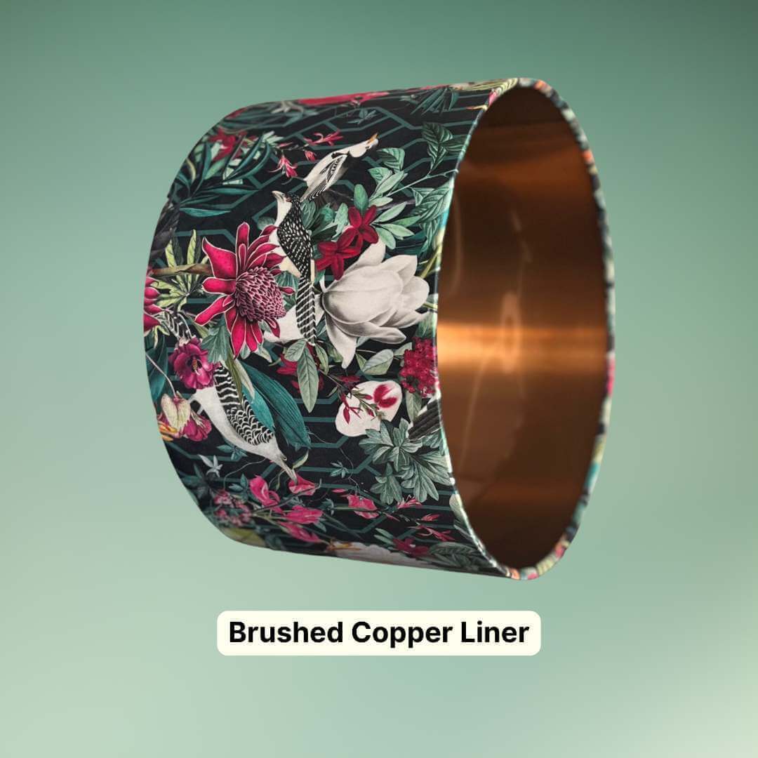 Velvet Drum Lampshade with Bold jungle fabric featuring birds, florals and botanicals and a copper inner