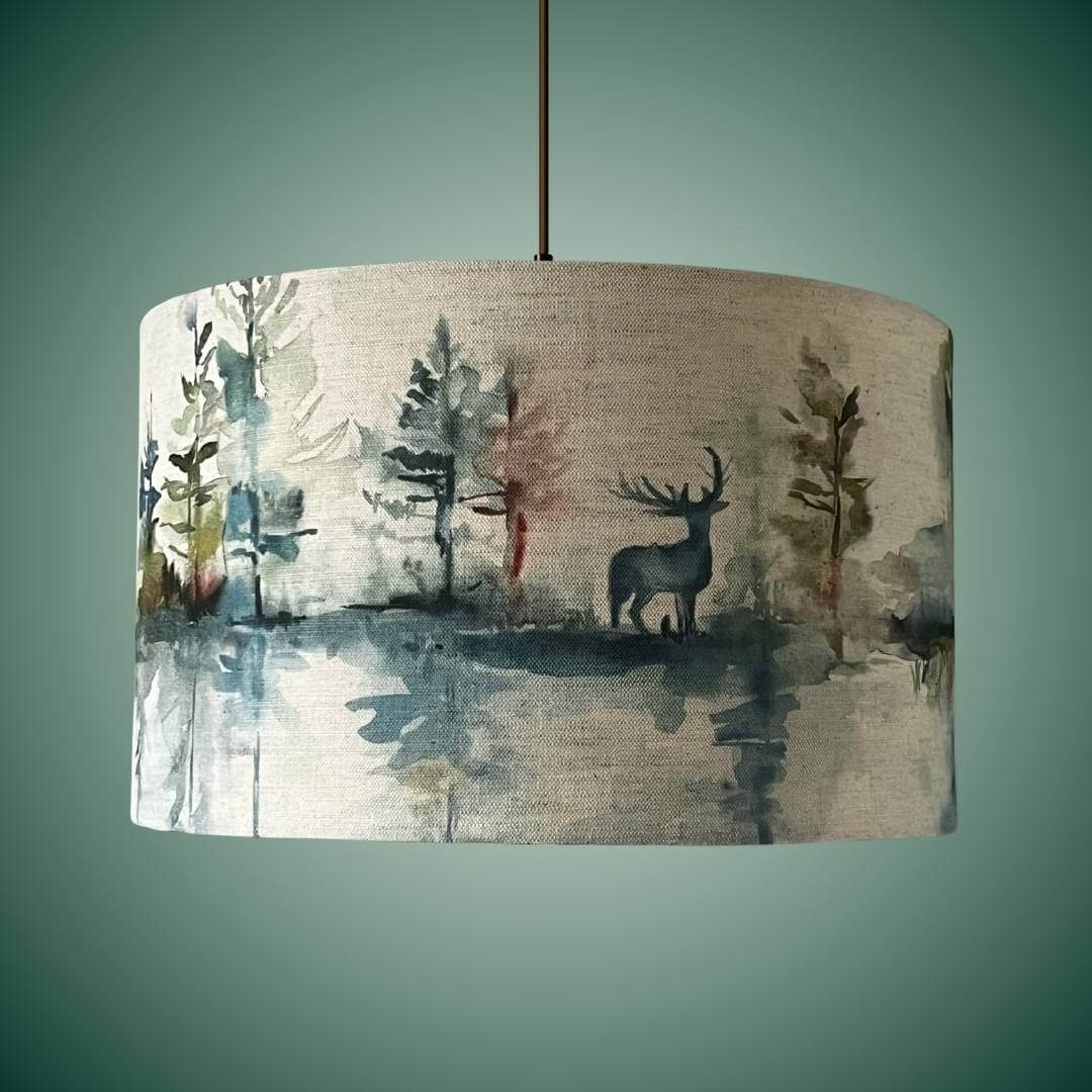 Drum lampshade on pendant with highland forest scene & stags