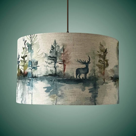 Drum lampshade on pendant with highland forest scene & stags