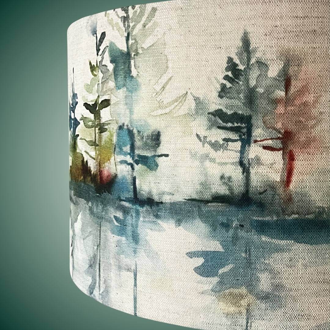 detail of Drum lampshade with highland forest scene & stags