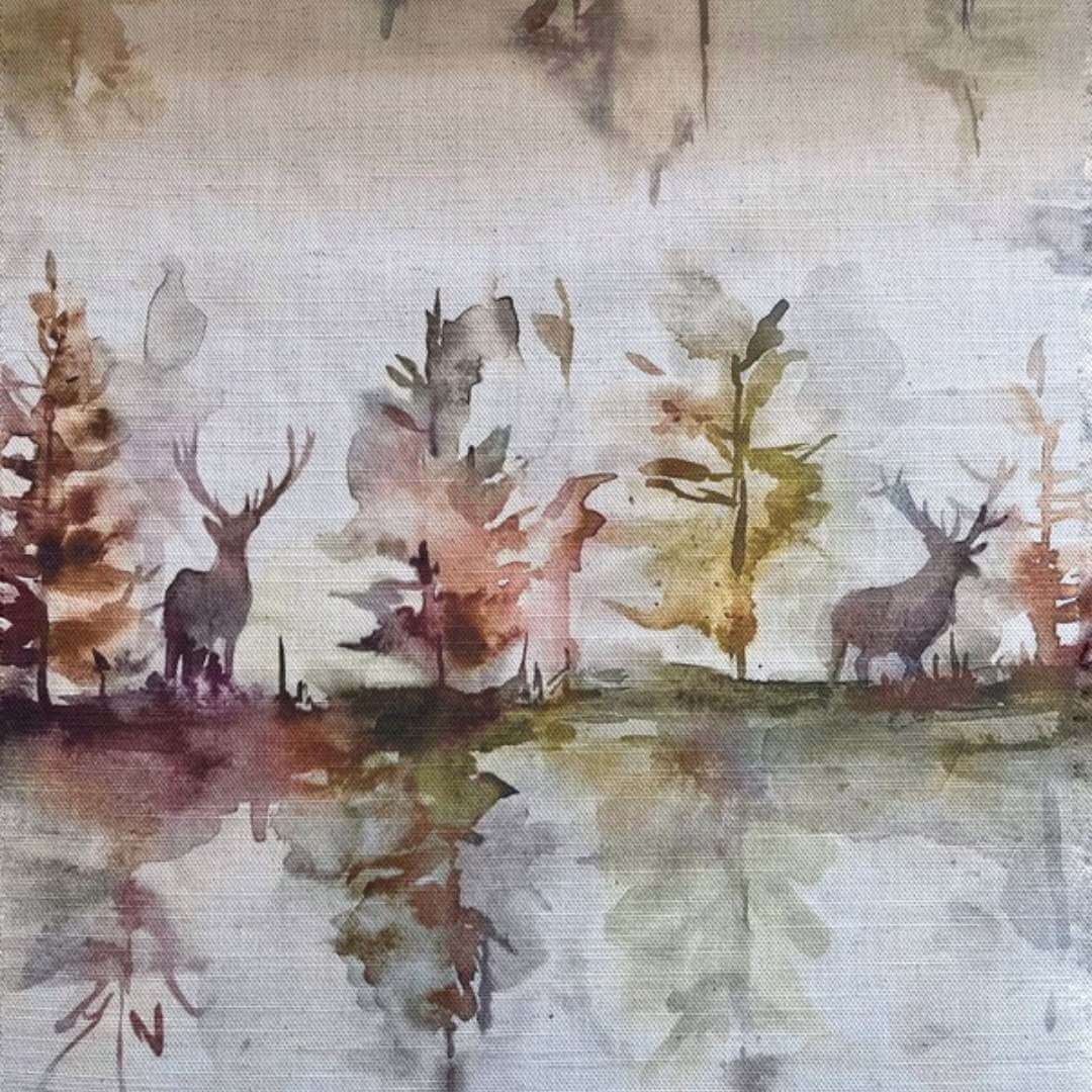 Voyage Maison Wilderness fabric in plum. Watercolour design with stags and forest in autumnal tones