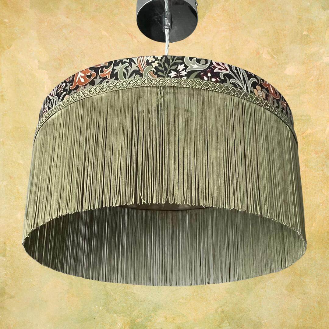William Morris Golden Lily Satin Tiffany style lampshade with sage fringe on ceiling pendant