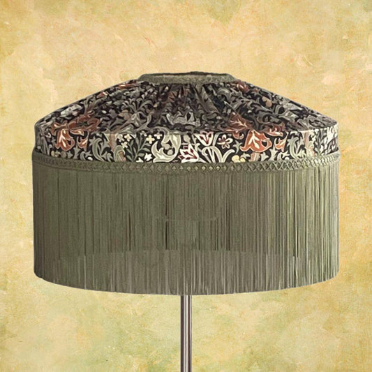 William Morris Golden Lily Satin Tiffany style lampshade with sage fringe on lamp base