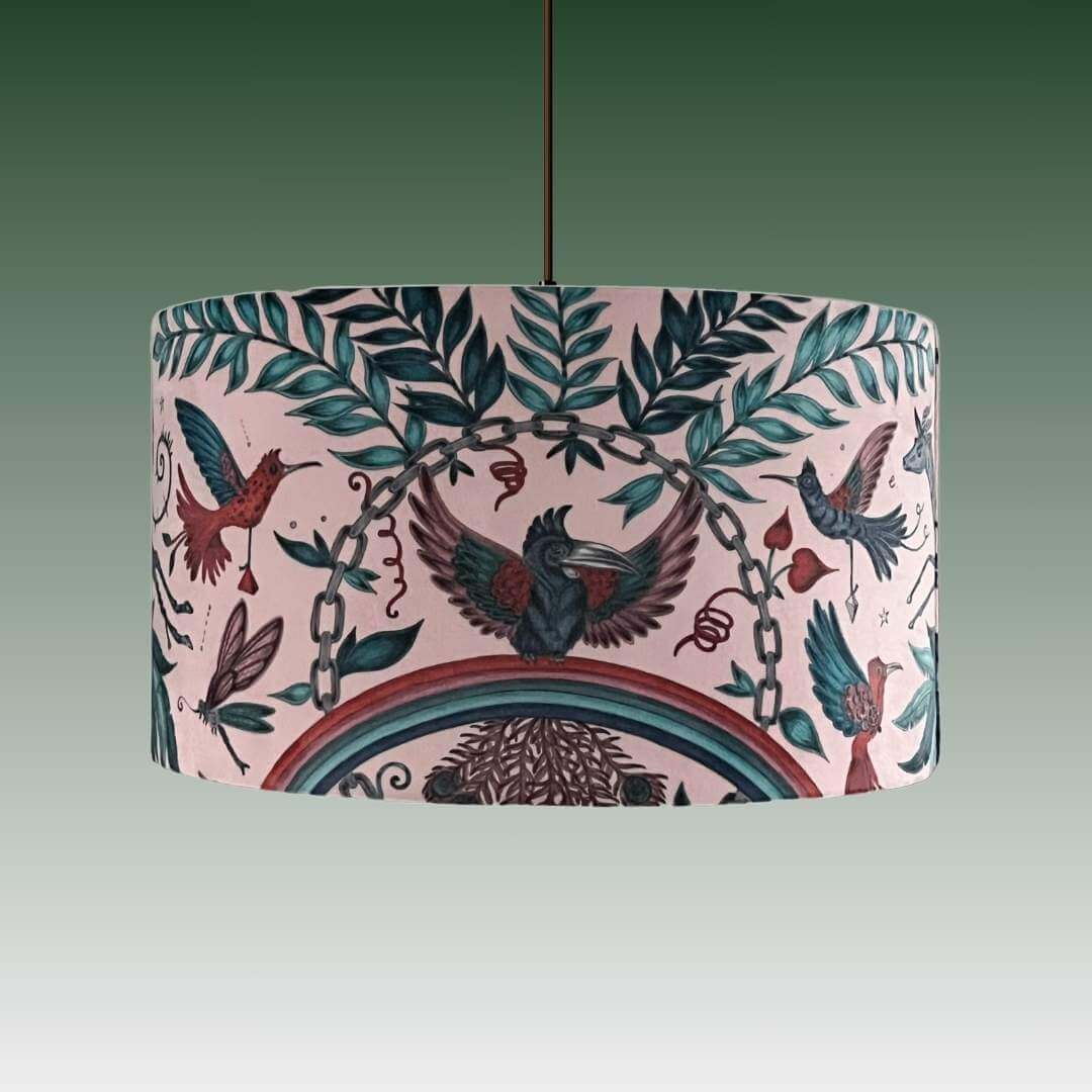 Emma J Shipley zambezi pink velvet lampshade showing birds