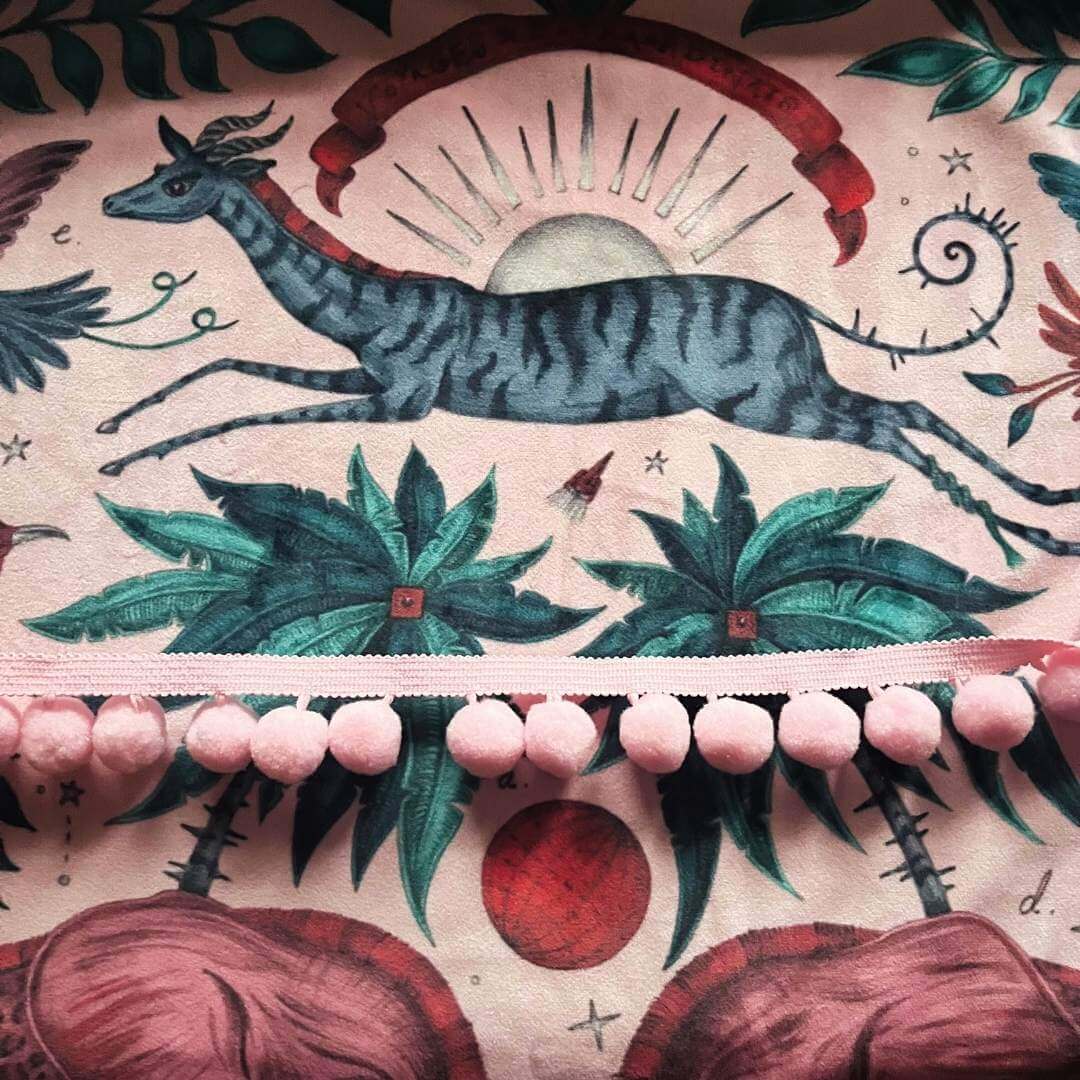 Emma J Shipley zambezi gazelle pink velvet lampshade with pom pom fringe trim