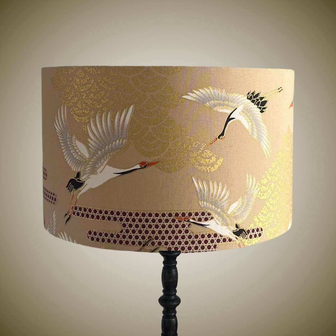 Oriental Art Deco Japanese Cranes Beige Drum Lampshade