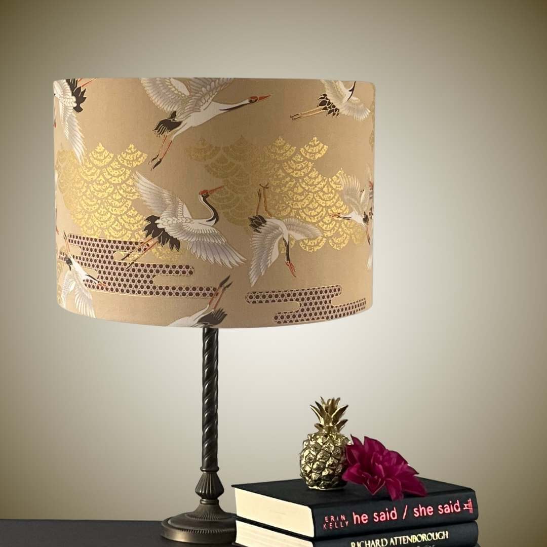 Table Lampshade featuring cranes in flight and Art Deco style clouds in beige, white, red and gold