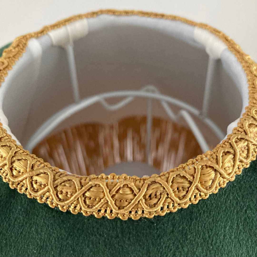 vintage style parachute lampshade in Green velvet with deep gold fringe topped with braid top view