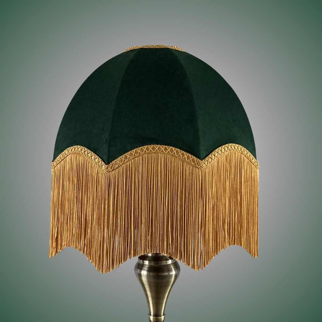 vintage style parachute lampshade in Green velvet with deep gold fringe