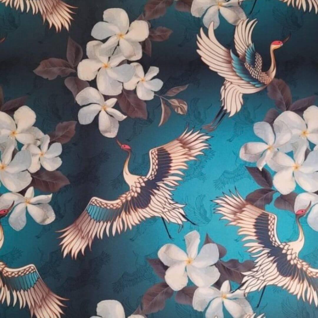 Turquoise and blue Japanese crane and floral design velvet fabric