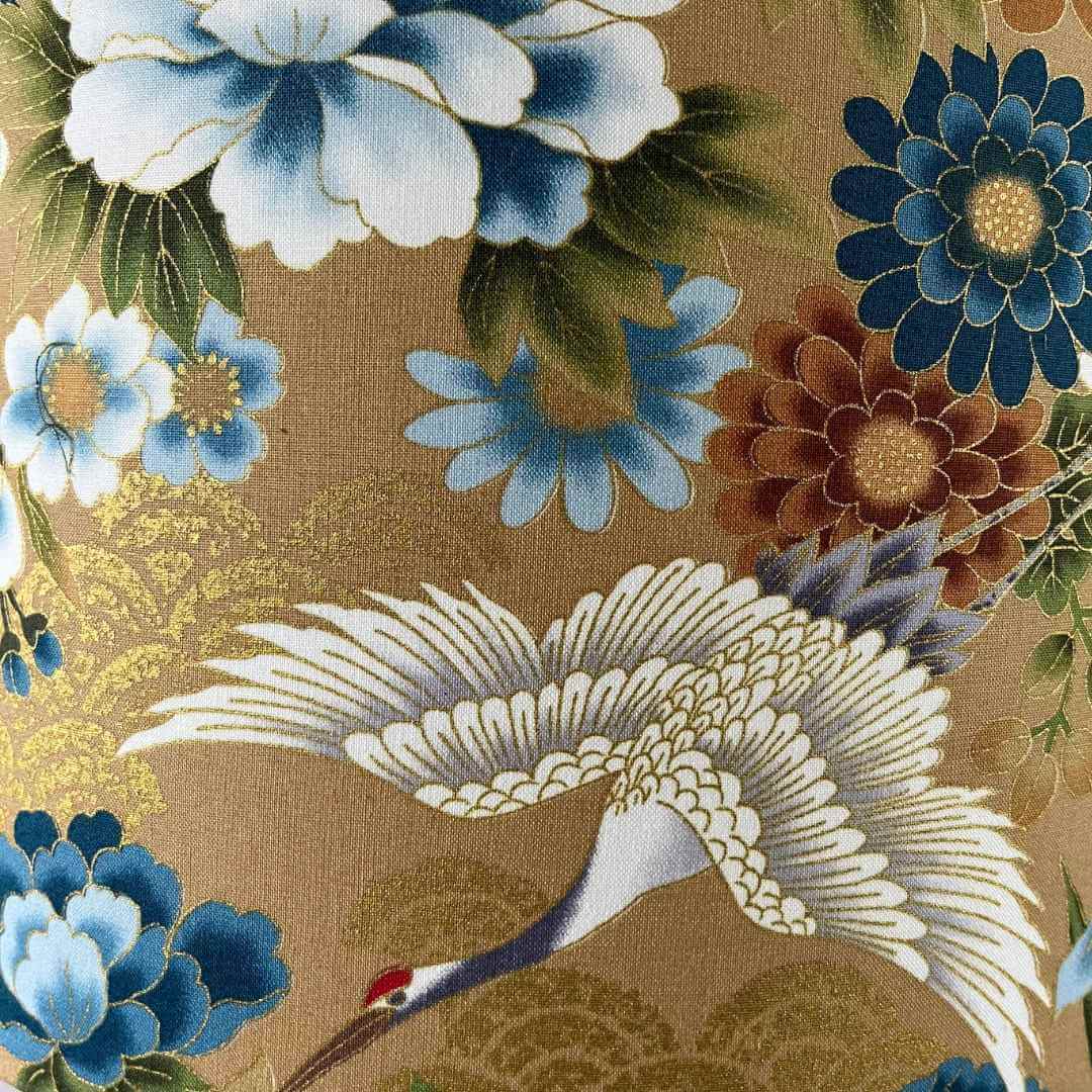 Japanese cranes and blue florals lampshade fabric detail