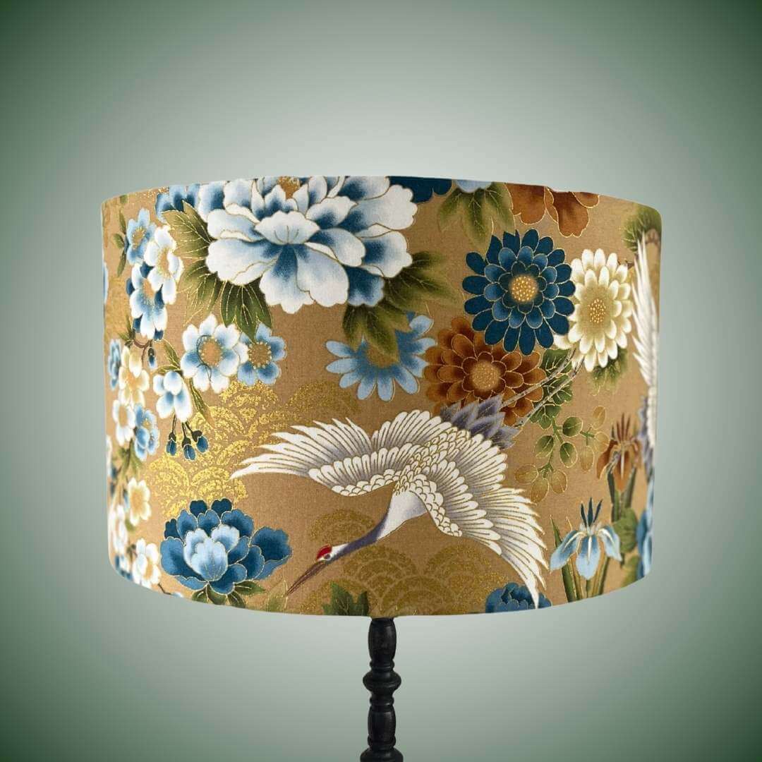 Japanese cranes drum lampshade with blue & white florals on black lampbase