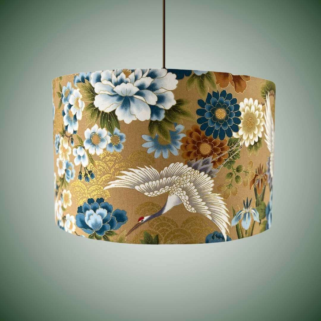 Japanese cranes drum lampshade with blue & white florals on pendant