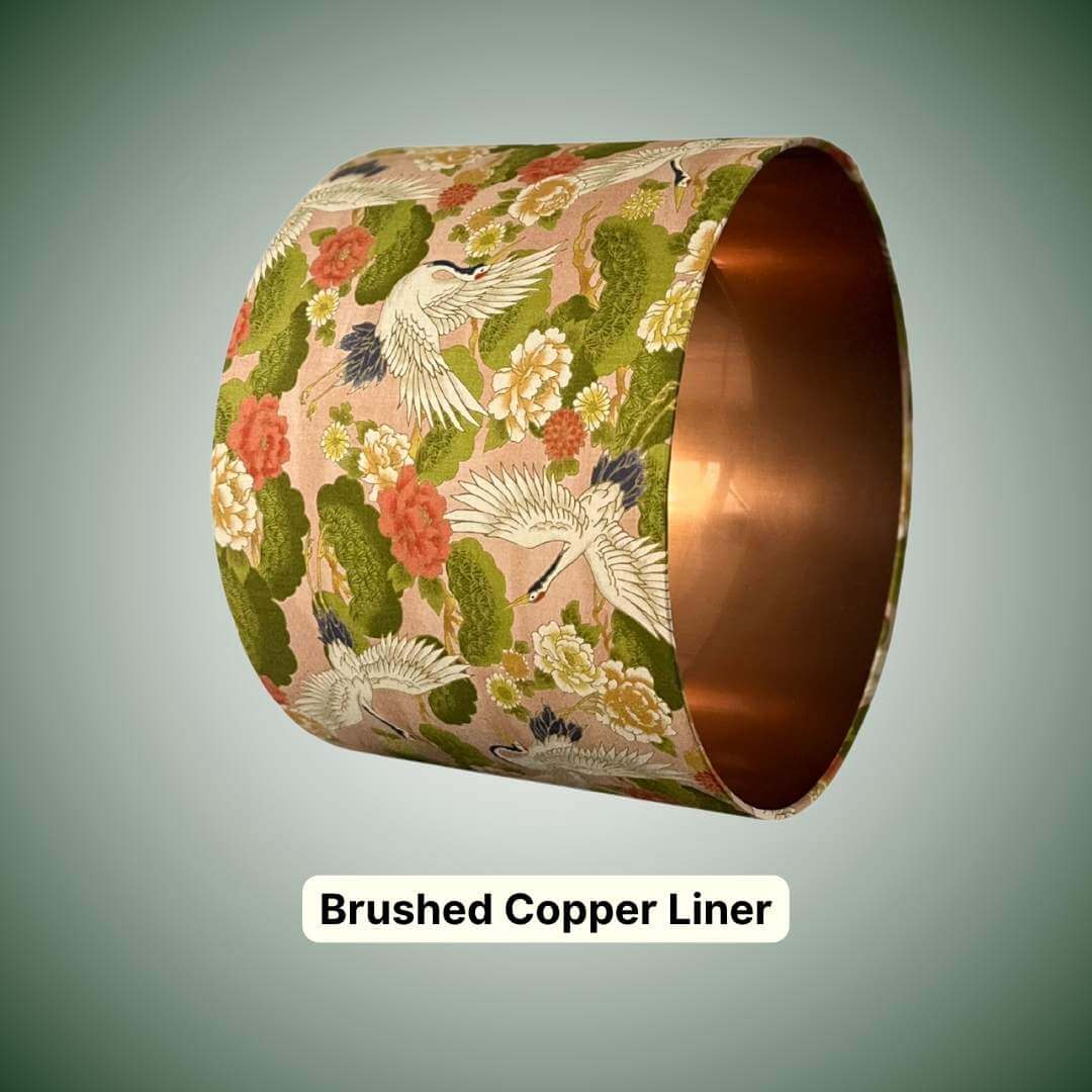 Decorative lampshade with Japanese crane and floral pattern with a metallic copper lining