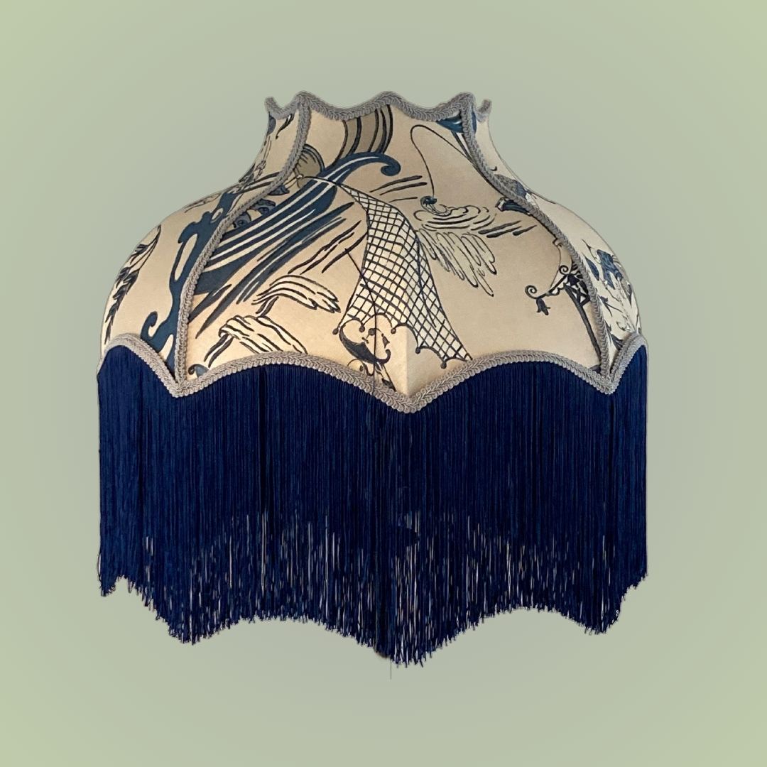 Blue fringed lampshade