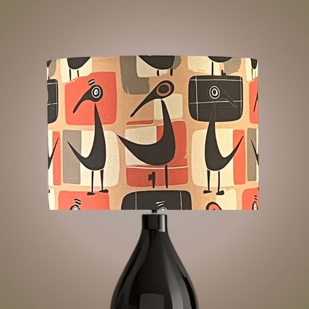 Retro abstract bird lampshade in orange and black