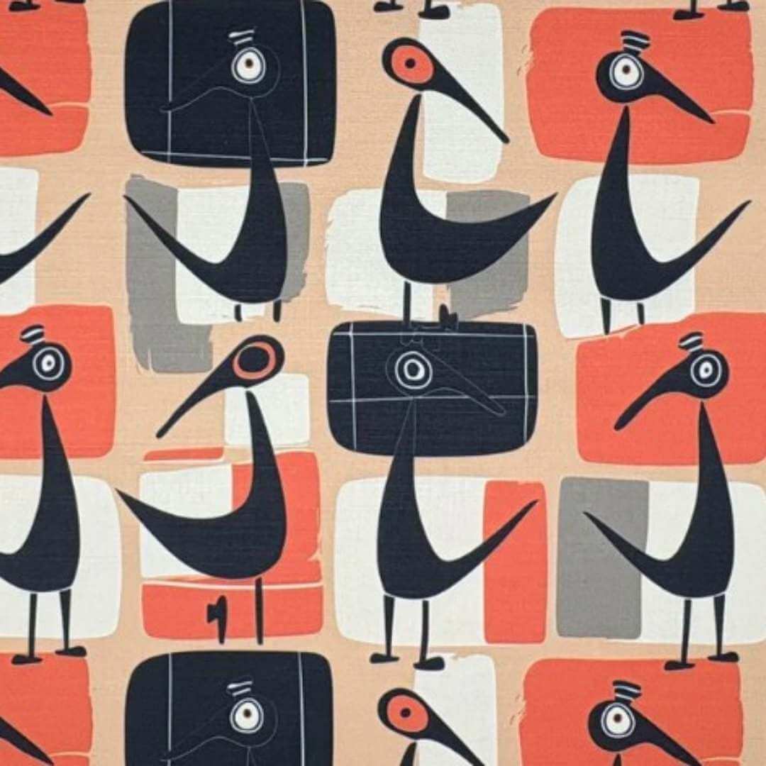 Abstract fabric design with geometric shapes and stylised birds in orange and black, with a beige background