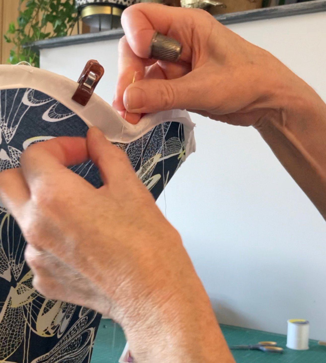 Bespoke Lampshade maker Leicester handstitching a lampshade