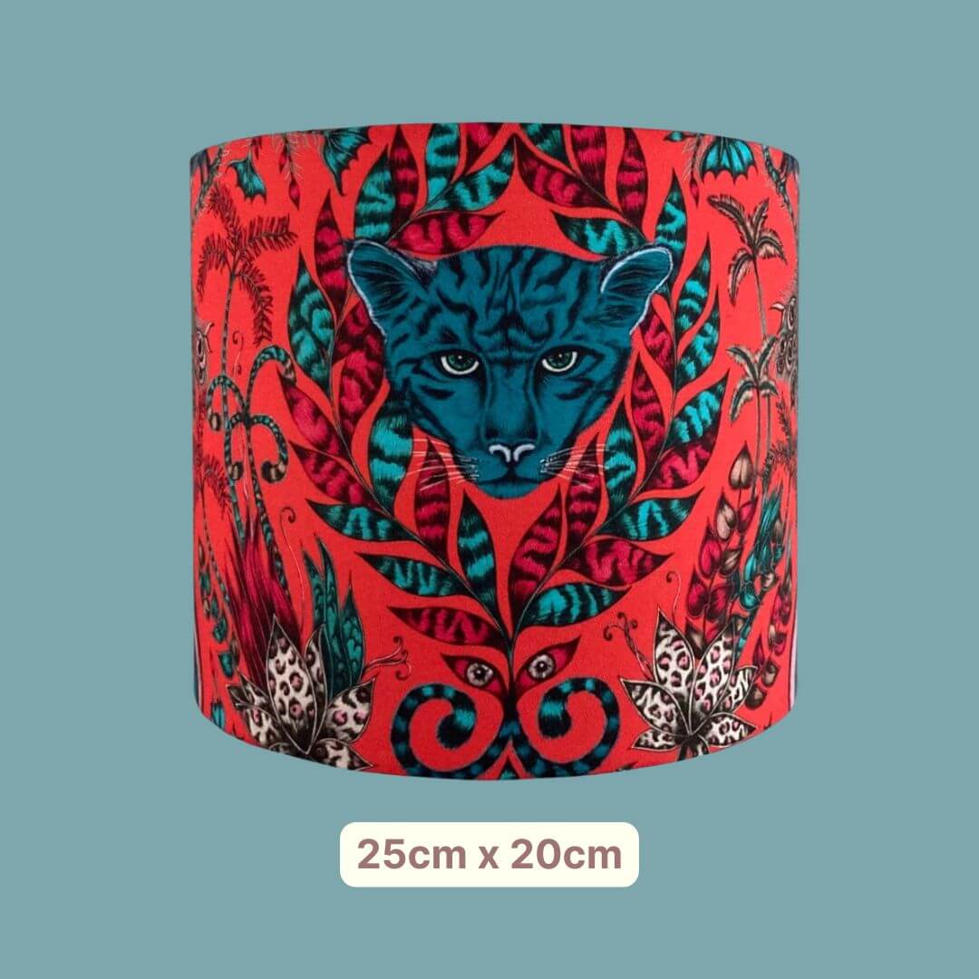 Emma Shipley Amazon Red & Teal Lampshade with Jaguars and Jungle Foliage Fabric small size