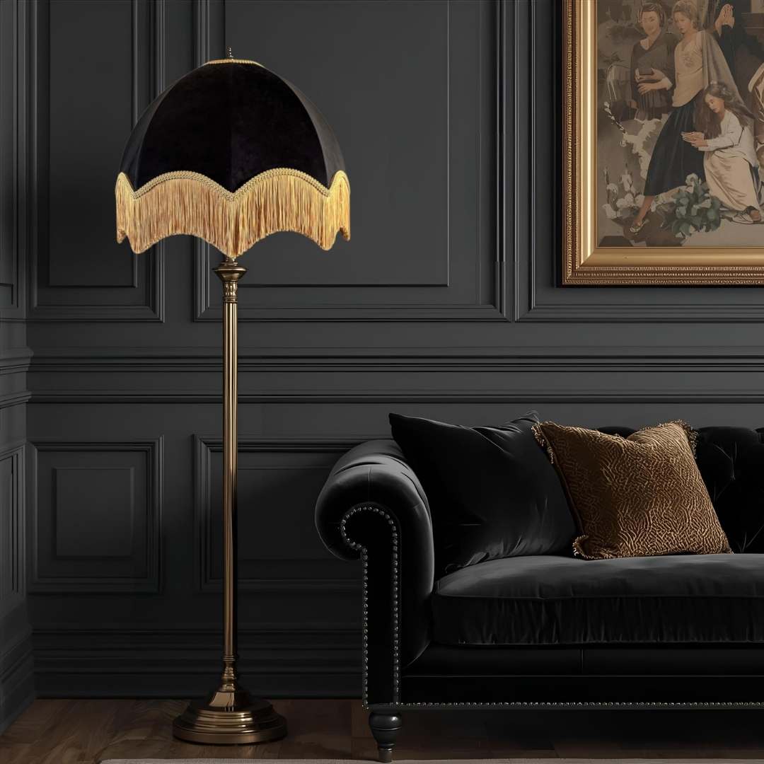 Living room setting with black dome vintage style lampshade 