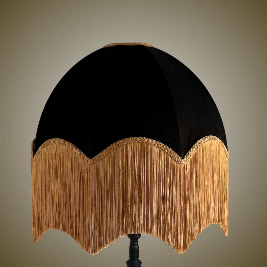Black dome vintage style lampshade with deep gold fringe 