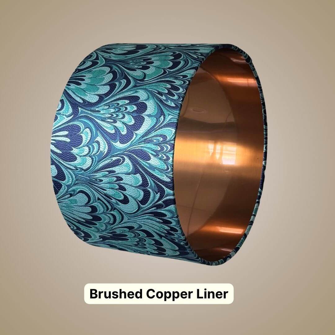 Blue and Teal feather marble pattern drum lampshade with copper liner