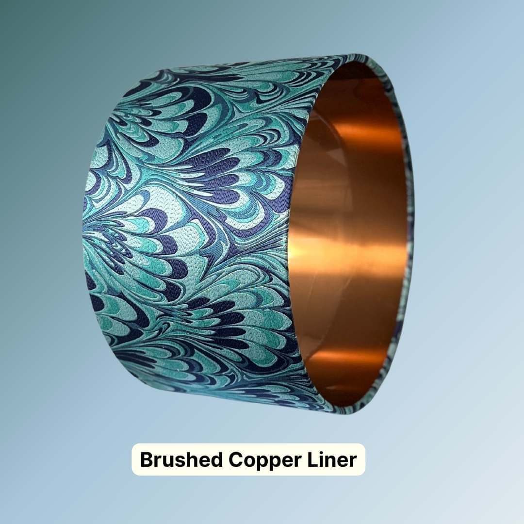 Blue and Teal feather marble pattern drum lampshade with copper liner