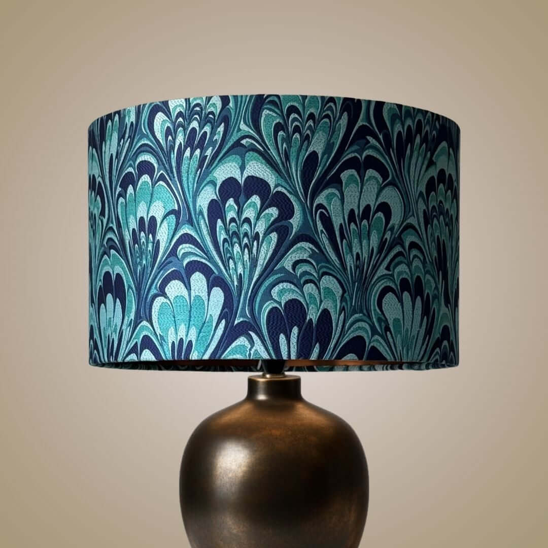 Blue and Teal feather marble drum lampshade 