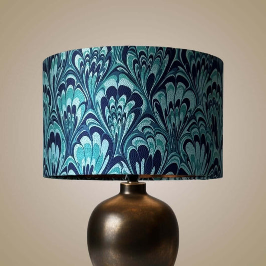 Blue and Teal feather marble drum lampshade 