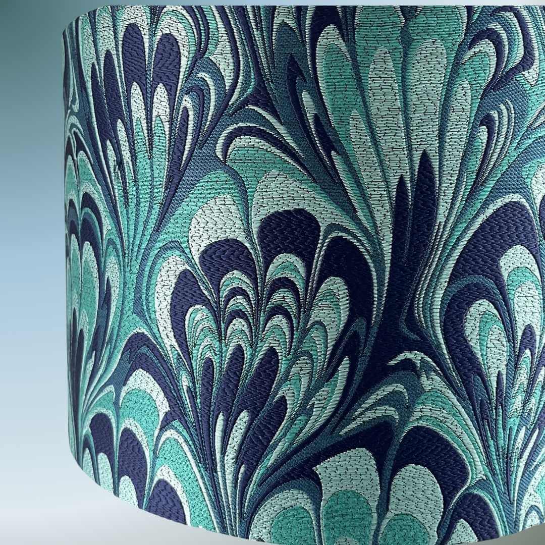 Blue and Teal feather marble drum lampshade close up