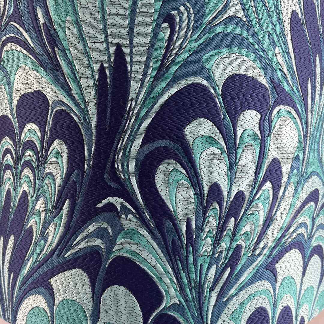 Blue and Teal feather marble drum lampshade close up