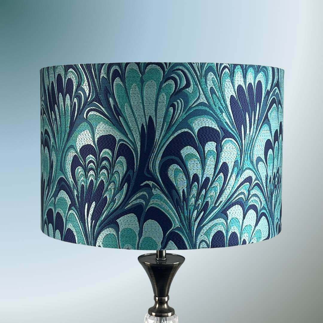 Blue and Teal feather marble drum lampshade 