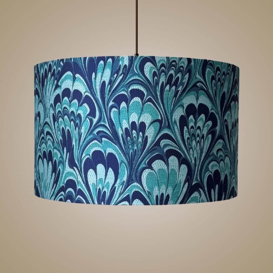 Blue and Teal feather marble pattern drum lampshade on ceiling light