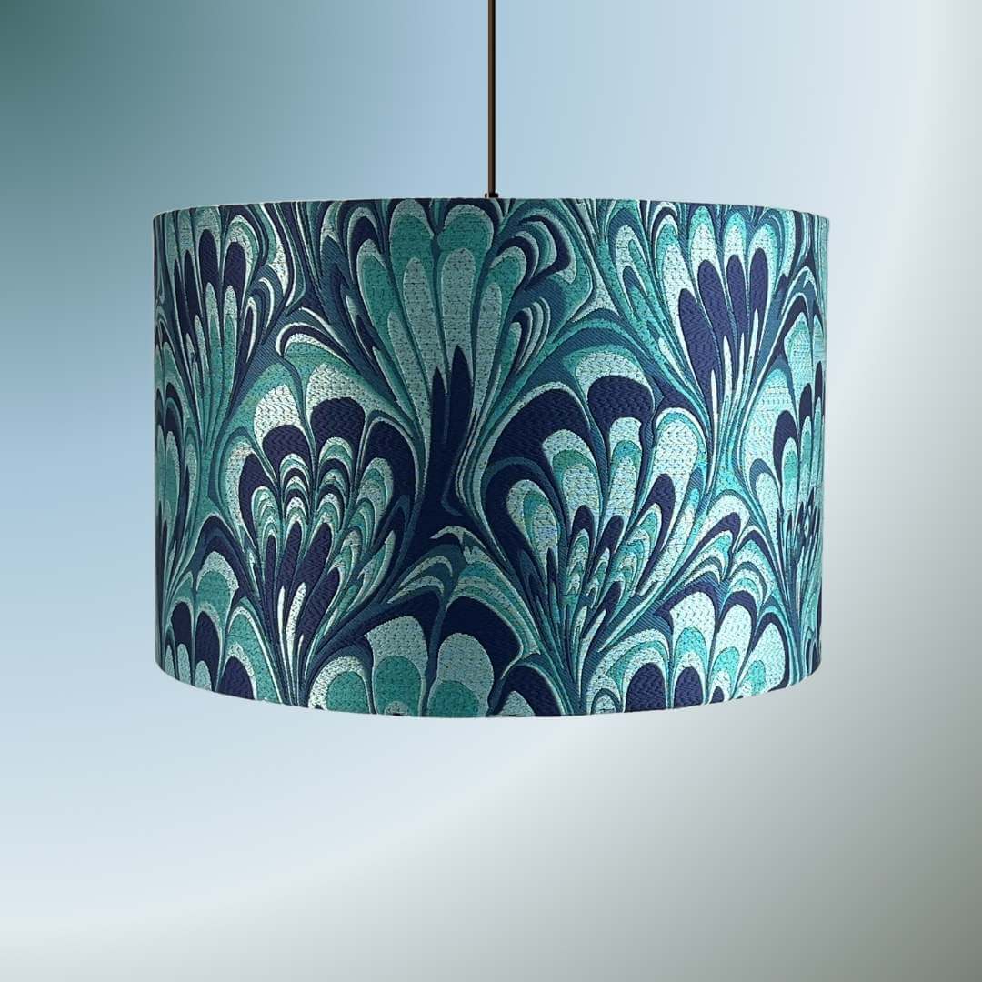 Blue and Teal feather marble pattern drum lampshade on pendant