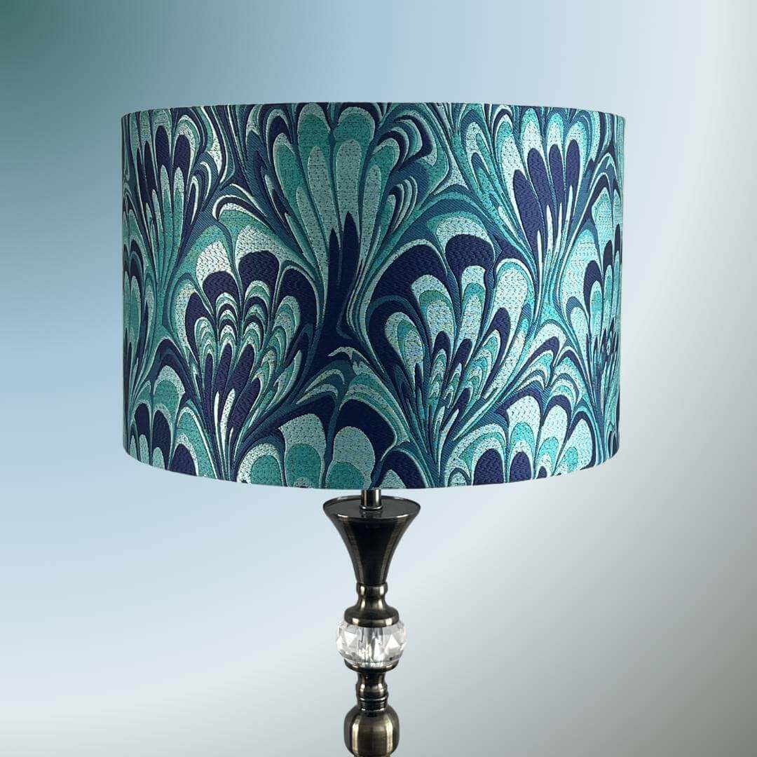 Blue and Teal feather marble drum lampshade