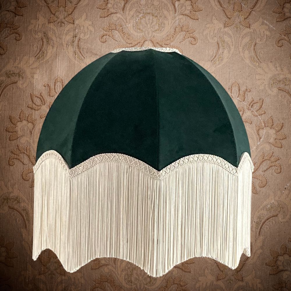 Dark green velvet vintage style dome or parachute lampshade with a deep ivory fringe