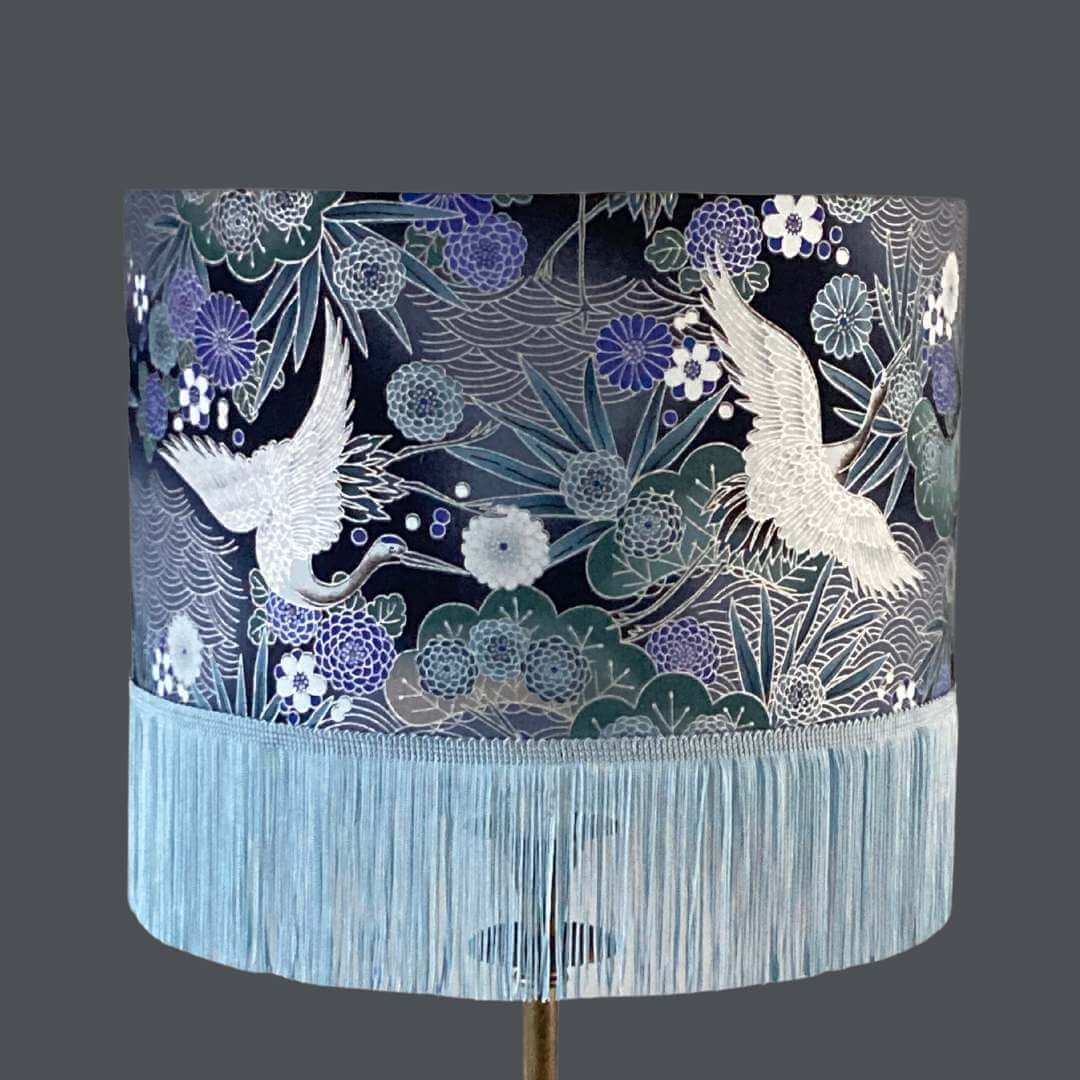 Blue Purple black and Silver Drum Lampshade with Japanese cranes, florals and fringe