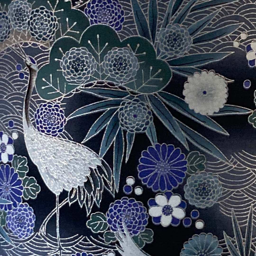 Blue Purple black and Silver Drum Lampshade with Japanese cranes, florals fabric detail