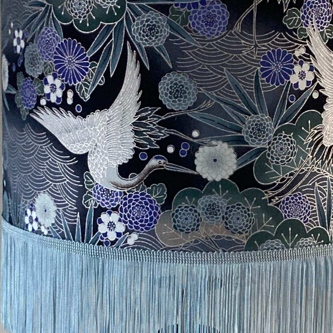 Blue Purple black and Silver Drum Lampshade with Japanese cranes, florals and fringe