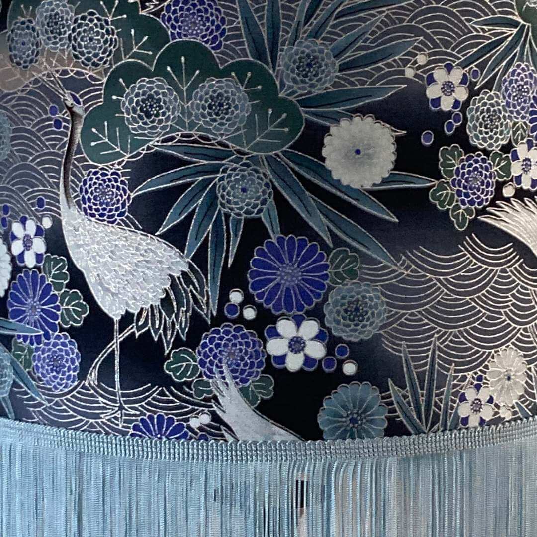 Blue Purple black and Silver Drum Lampshade with Japanese cranes, florals and fringe