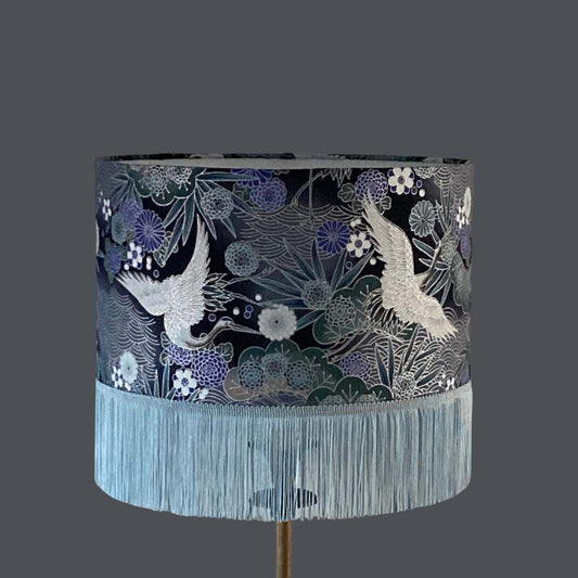 Blue Purple black and Silver Drum Lampshade with Japanese cranes, florals and fringe