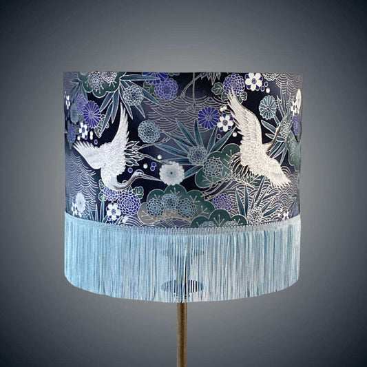 Blue Purple black and Silver Drum Lampshade with Japanese cranes, florals and fringe