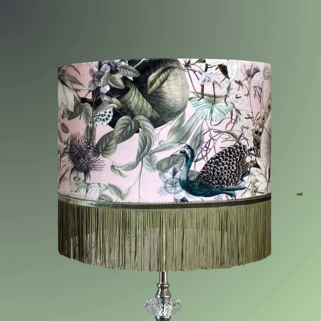 Pink and green velvet drum lampshade with fringe, peacocks, butterflies and florals