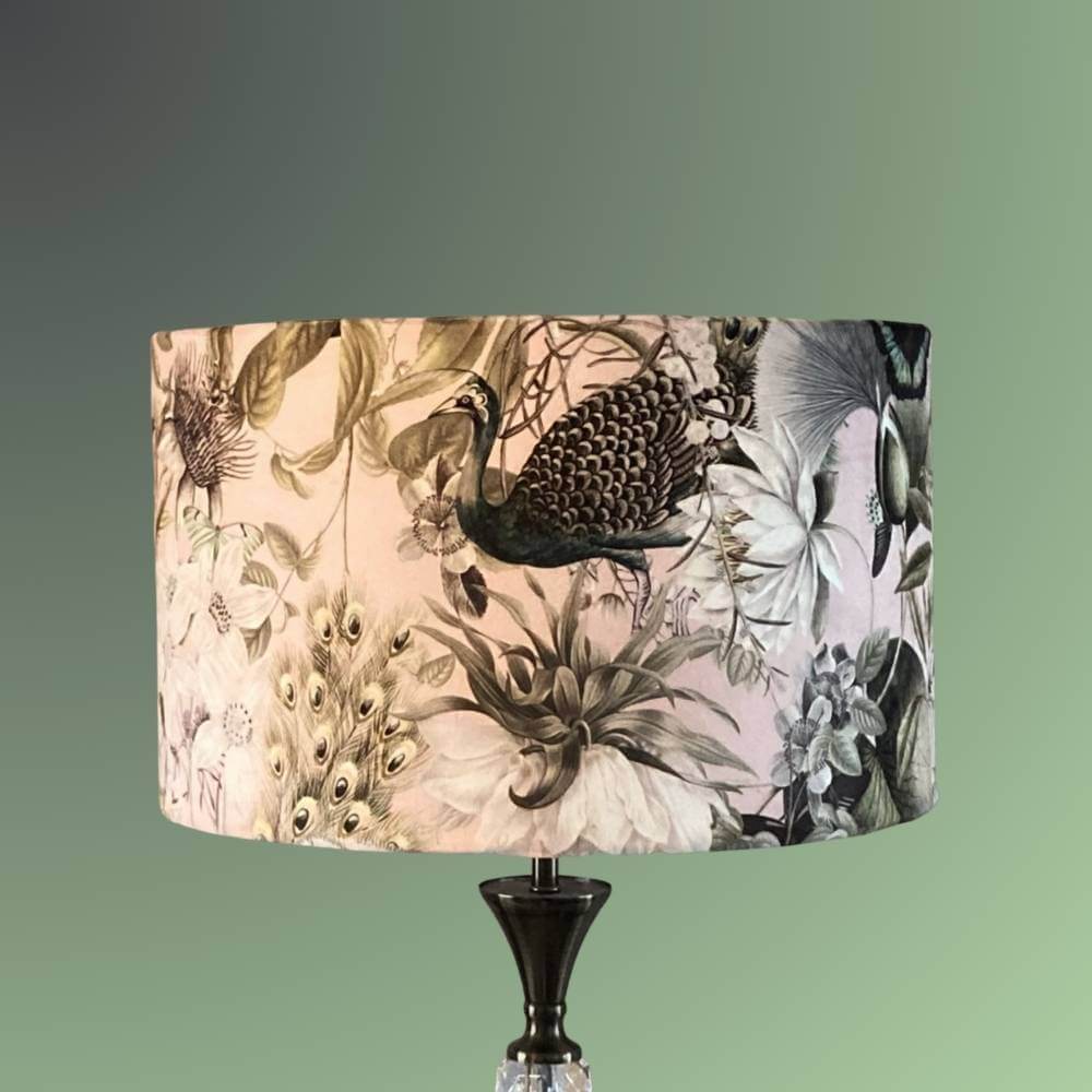 Pink and green velvet lampshade with peacocks florals and butterfiles