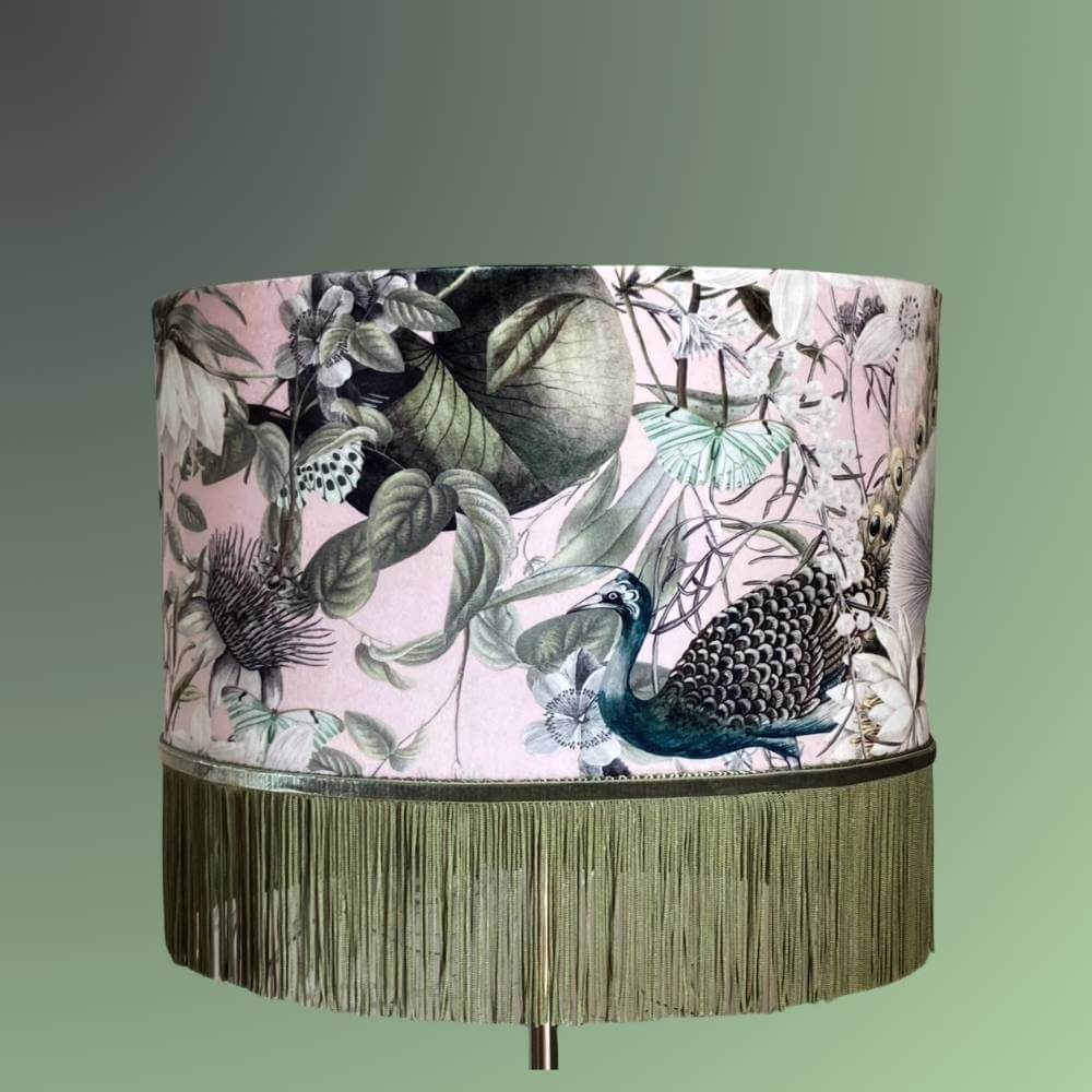 Pink and green velvet drum lampshade with fringe, peacocks, butterflies and florals