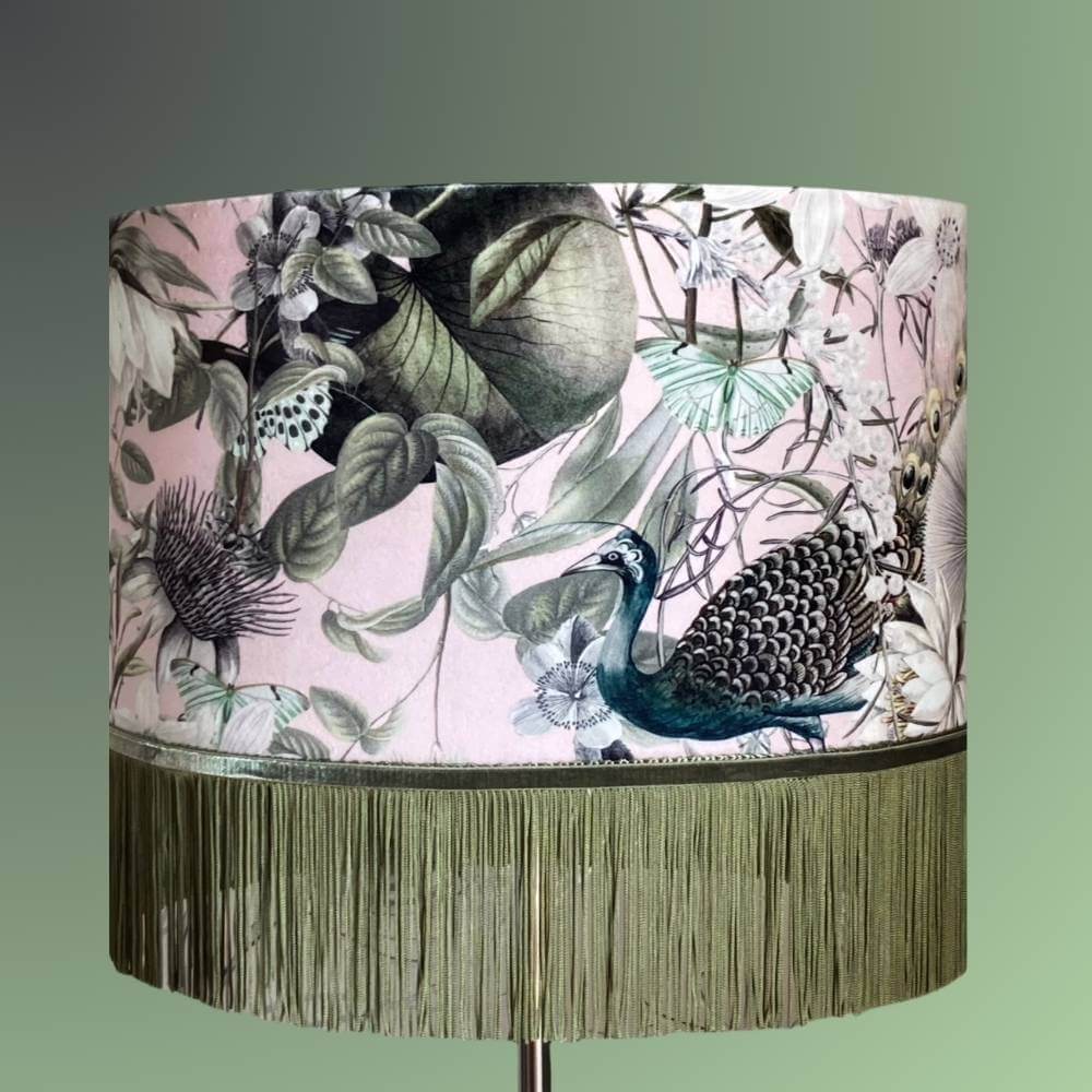 Pink and green velvet drum lampshade with fringe, peacocks, butterflies and florals