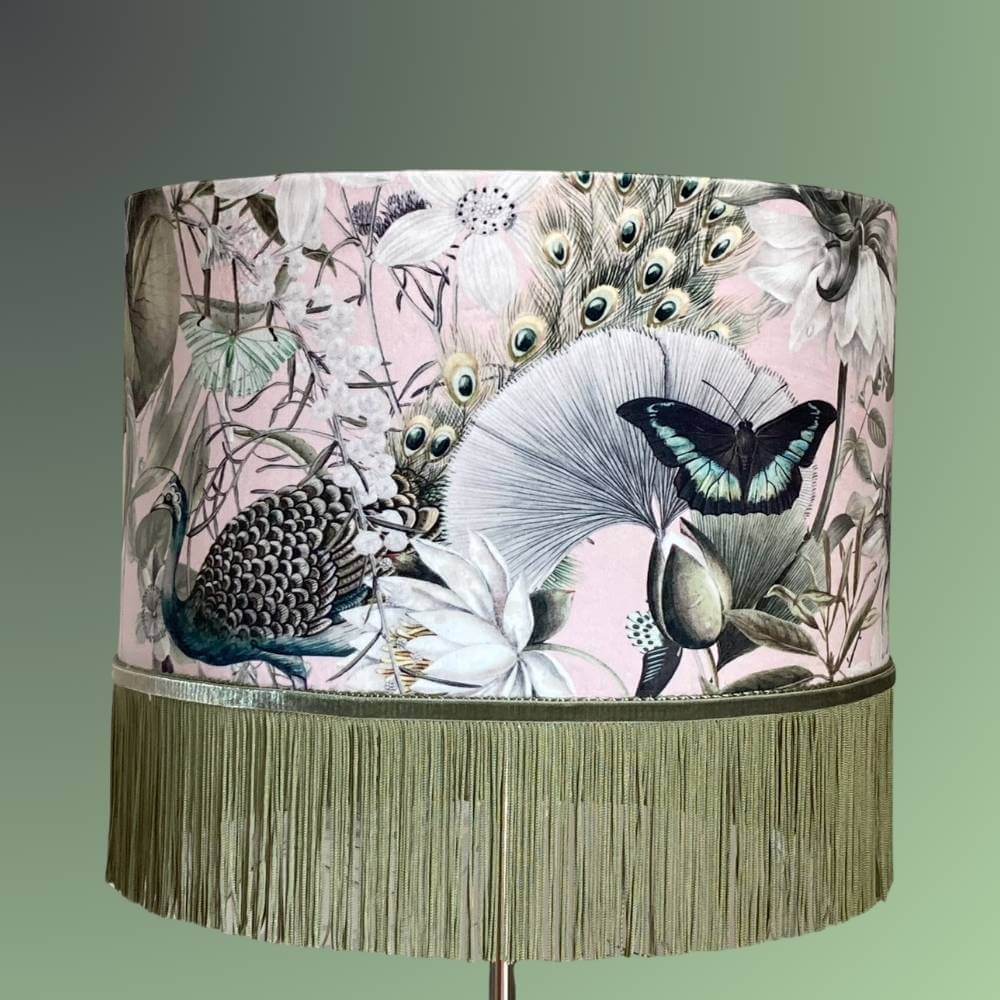 Pink and green velvet drum lampshade with fringe, peacocks, butterflies and florals