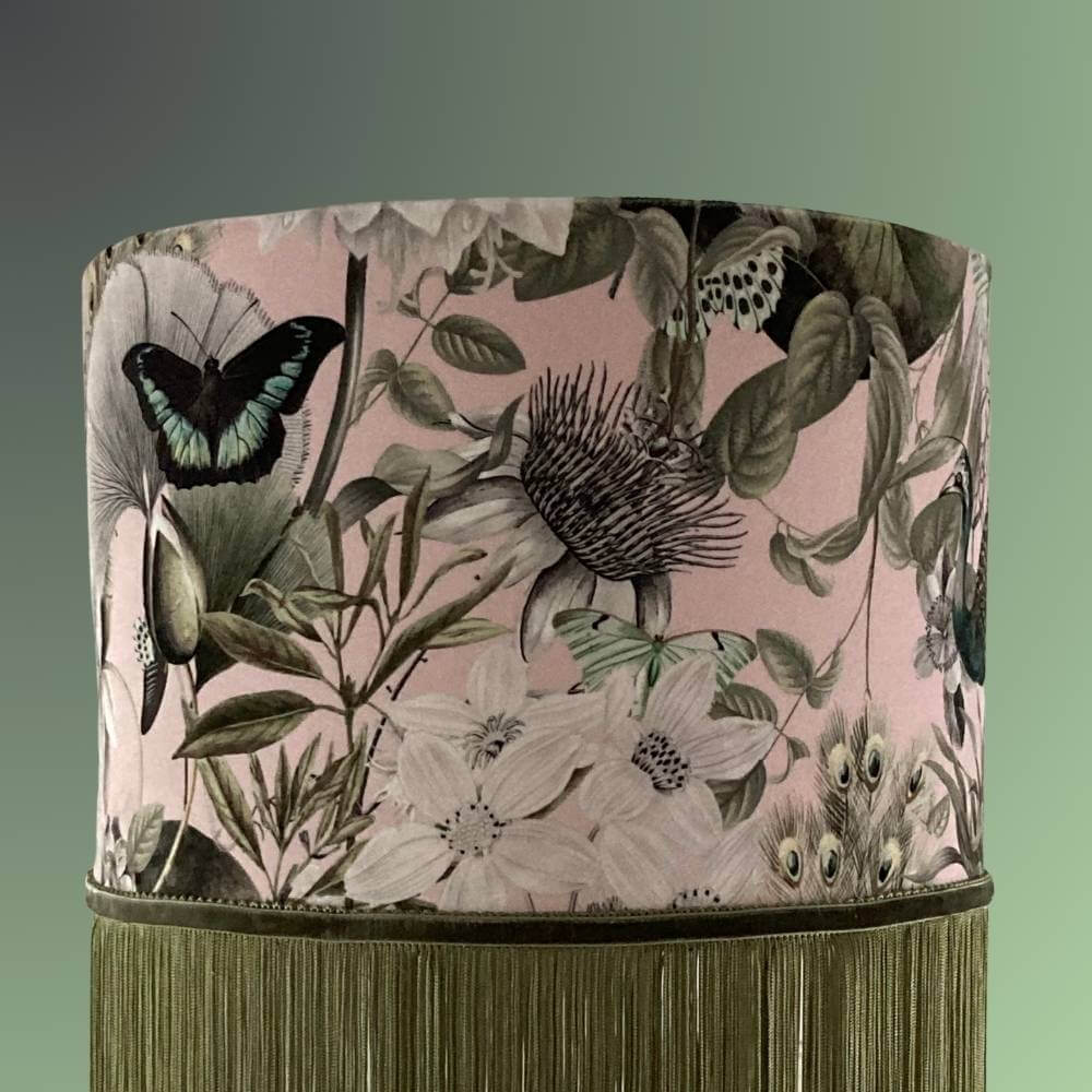 Pink and green velvet drum lampshade with fringe, peacocks, butterflies and florals